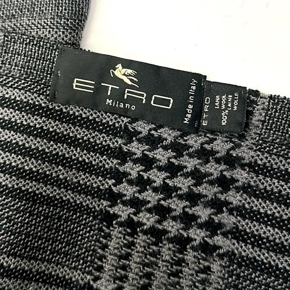 ETRO Milano Wool Oblong Scarf Gray Glen Plaid Men’s Women’s 18x72”